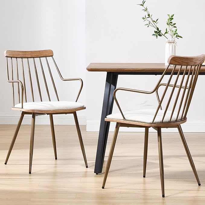 Modern Dining Chairs Set of 2, Upholstered Dining Chairs with Metal Leg, Wood Kitchen Chairs with Fence-Like Back and Curved Arm for Dining Room Kitchen Restaurant Reception (Beige)