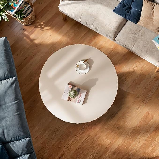 Modern Wood Coffee Table for Living Room - Handcraft Drum Coffee Tables with Sturdy Base, Small Round Fluted Coffee Table Tea Table for Apartment, Bedroom, Office - Easy Assemble (White 31")