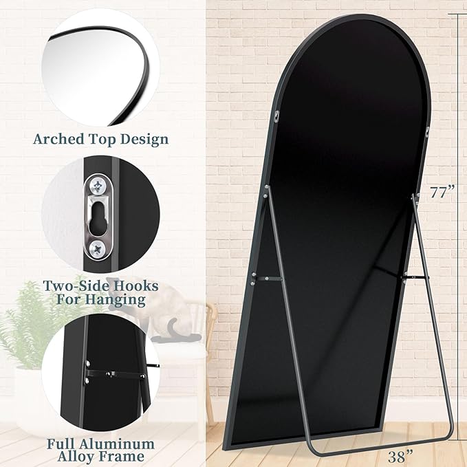 Full Length Mirror, 77"x38" Oversized Floor Mirror with Stand, Hanging or Leaning Full Body Mirrors Mirror for Bedroom, Living Room, Cloakroom, Arch, Black