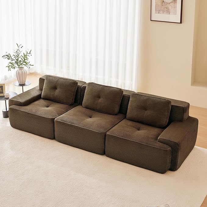115" Modern Compressed Boneless Couch, 3 Seater Sectional Couches for Living Room, Brown Corduroy Cloud Modular Sectional Sofa, Comfy Memory Foam, Extra Deep, Sofas para Sala, No Assembly