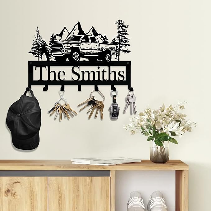 NIWAHO Personalized Family Name Metal Wall Sign with Hooks – Pickup Truck Key Rack Holder Wall Mount Customized Name for Entryway, Mudroom, Garage, or Kitchen Decor