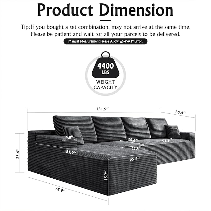 3-Piece Boneless Modular Sectional Sofa, Cloud Couch with Left Facing Chaise, Oversized Deep Seat, Soft Corduroy Fabric, Sectional Couch for Living Room-Grey