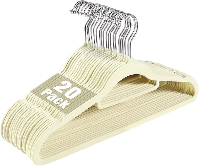 20 Pack Non-Slip Velvet Suit Hangers with 360° Swivel Hook - Space Saving Beige Clothes Hangers, Heavy Duty for Adults