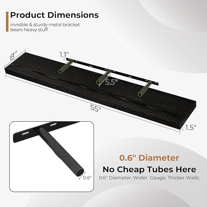 Fun Memories 55 Inch Floating Shelves for Wall, Fireplace Mantel Shelf with Invisible Heavy Duty Bracket, 8 Inch Deep Storage Shelf for Living Room, Kitchen, Farmhouse, Black (2-Pack)