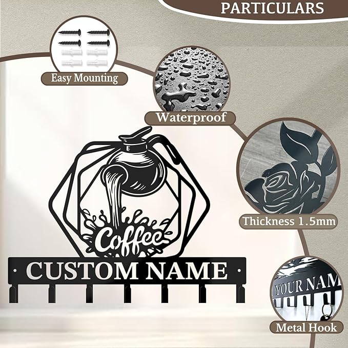 Coffee Bar Keys Holder - Metal Iron Wall Hooks with Custom Name | Personalized Home Decor & Gift Idea | Coffee-Themed Text Engraving Design (Style F)