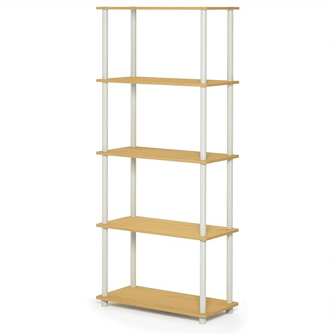 Furinno TURN-N-TUBE Storage Shelves, 5-Tier Book Shelf, Corner Shelf, Toolless Open Shelves, for Organization and Storage, Living Room, Garage, Home Office, Beech