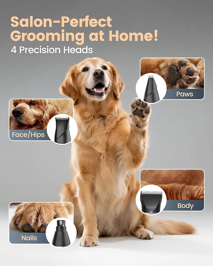 4 in 1 Dog Clippers for Grooming Thick Hair, 2000mAh Heavy Duty Dog Grooming Kit, 2-Speed Low Noise Dog Paw Trimmer with Nail Grinder for Body, Paws, Nail, Face, Ears, Legs