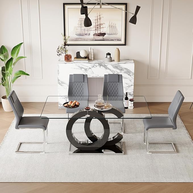 63'' Glass Dining Table Set for 4, Kitchen Table Chairs Set of 4, Clear Glass Dining Table with Black unique design Leg and Silver Metal Base, 4 PU Dining Chairs with Metal Legs, Living Room, Kitchen.