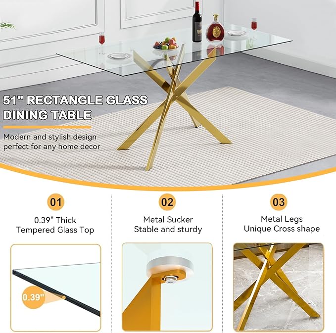 Goujxcy Glass Dining Table Set for 6, Modern Kitchen Table and Chairs Set of 6, 7-Piece Kitchen Dining Room Table Set w/51 Glass Gold Dining Table and 6 Grey Velvet Upholstered Chairs