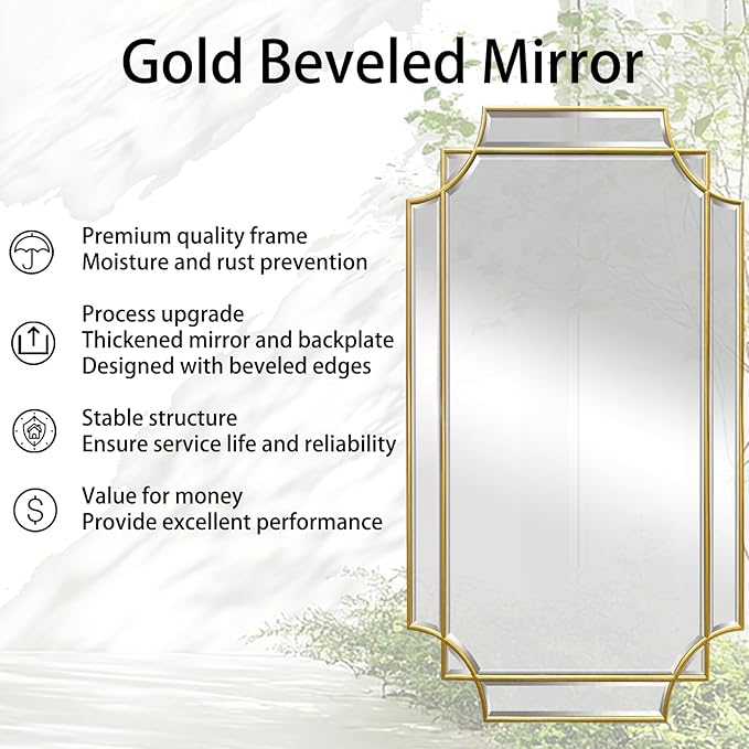 Gold Full Length Mirror for Wall, 59"x30" Full Body Rectangle Beveled Mirrors for Dressing, Large Modern Elegant Decorative Mirror for Living Room Entryway Hallway Bathroom Bedroom