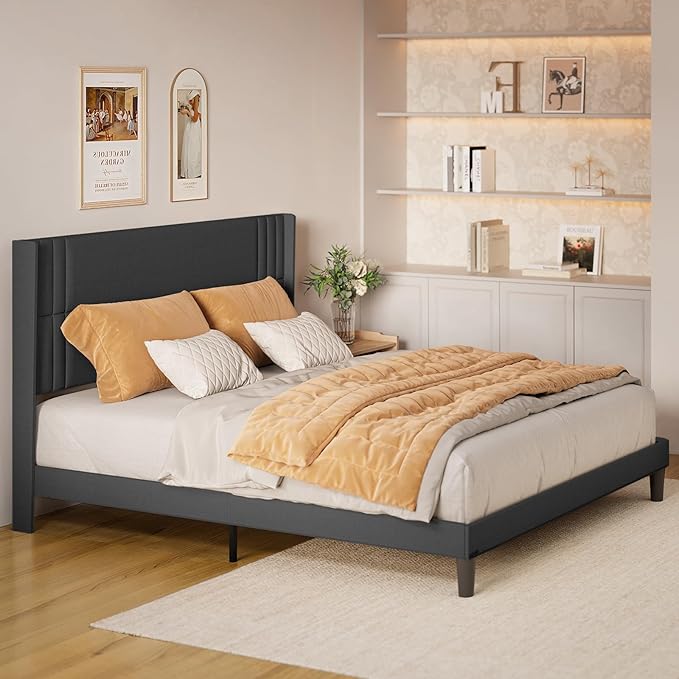 Gizoon King Size Bed Frame, Wingback Upholstered Platform Bed with Steel Frame, Wooden Slats, Noise-Free, No Box Spring Needed