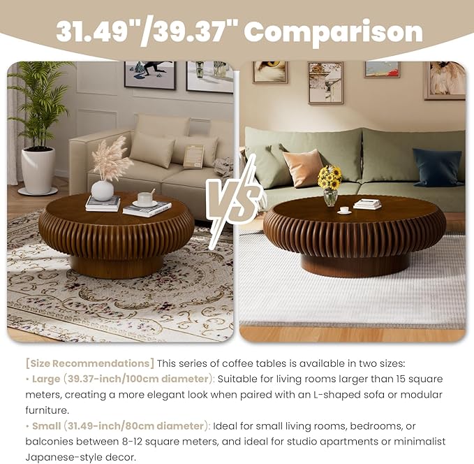 Round Fluted Coffee Table Modern Handcraft Drum Coffee Table with Sturdy Pedestal 39.37" Farmhouse Center Table Tea Table for Living Room, Reception Room, Entertainment Room (Walnut 39.37")