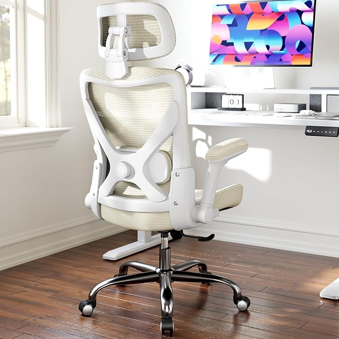 Office Home Ergonomic Desk Chair-Computer X-Shaped Chair Mesh PU Leather with Adjustable Lumbar Support-Executive Chair High Back with Headrest Flip-Up Arms for Long Hours (Beige)