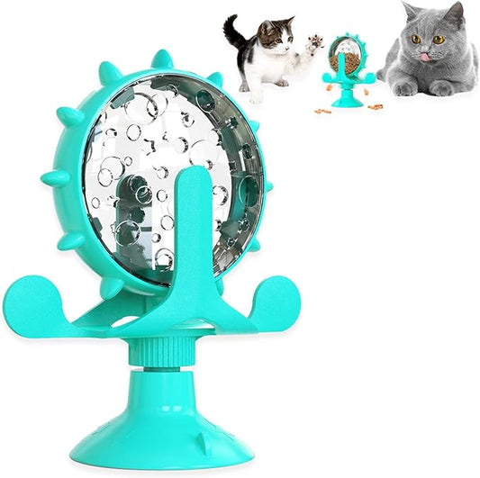 Cat Dog Treat Dispenser Toy - Cat Interactive Feeder Pet Food Toys Feeder 360° Degree Rotating Food Leakage Device Rotate with Strong Suction Cup Money Wheel Shape (Lake Blue)