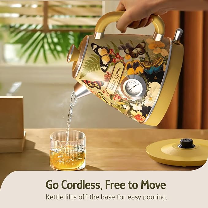 Hazel Quinn X Eduardo Recife Electric Kettle - 1200W Fast Water Boiling, 1.7L/57oz, All 304 Stainless Steel Interior, BPA-Free, Auto Shut-Off, Cordless Retro Teapot with Thermometer - Floral Patterned