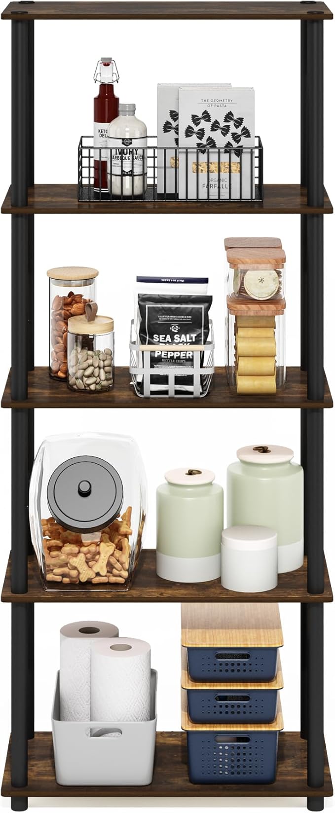 Furinno TURN-N-TUBE Storage Shelves, 5-Tier Book Shelf, Corner Shelf, Toolless Open Shelves, for Organization and Storage, Living Room, Garage, Home Office, Amber Pine