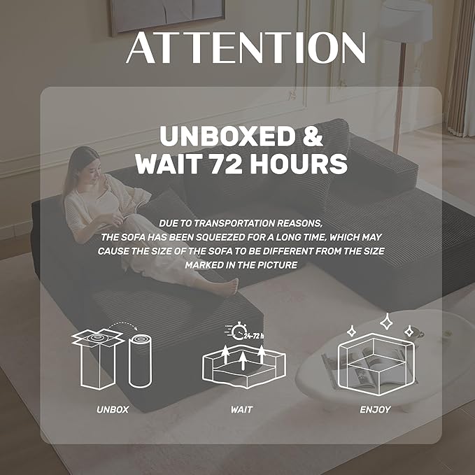 107" Boneless Couch with Deep Seat, Modular Sectional Sofa, Cloud Sectional Couch for Living Room, No Assembly Required, Corduroy, U-Shape 3 Seater Right, Black