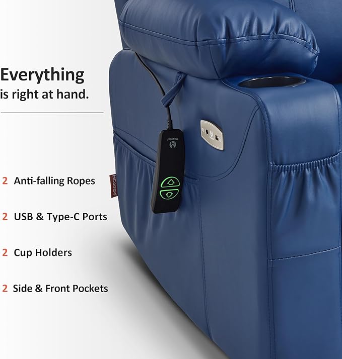 MCombo Electric Power Lift Recliner Chair Sofa with Massage and Heat for Elderly, 3 Positions, 2 Side Pockets, and Cup Holders, USB Ports, Faux Leather 7040 (Blue, Medium)