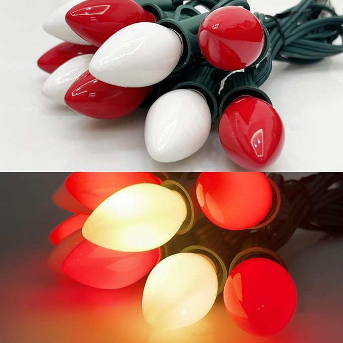 C7 Christmas String Lights 25 Feet Outdoor String Lights with 27 5W Red White Glass Bulbs(2 Spare), Connectable Hanging Christmas Lights for Backyard Patio Balcony Party Xmas Decor, Green Wire