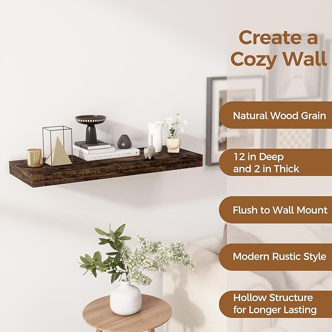 30 Inch Floating Shelves, 12 Inch Deep Floating Shelf for Wall, Rustic Deep Shelves for Books, Bathroom, Living Room, Kitchen, 30 x 12 x 2 Wood Floating Shelves, Rustic Brown Color, Set of 2