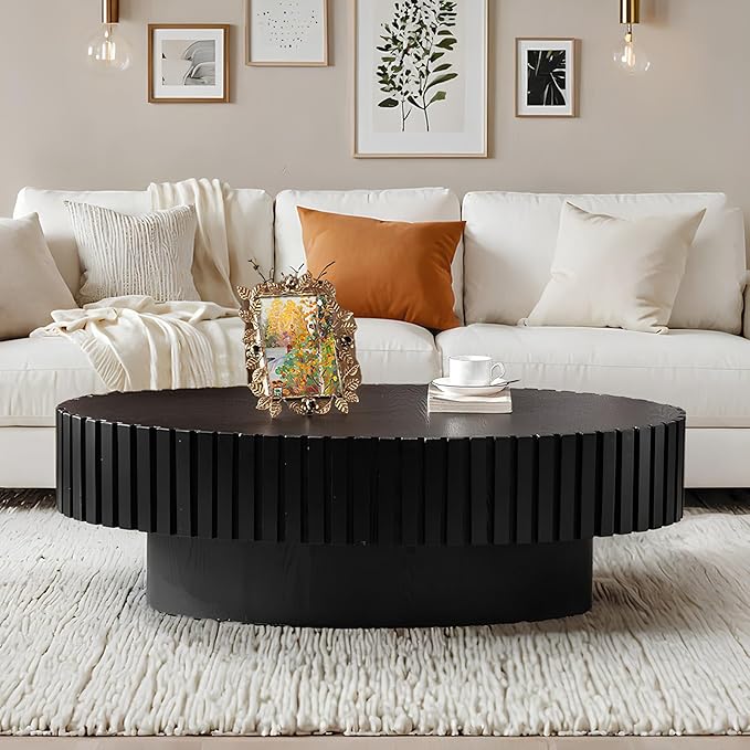 Fluted Coffee Table 43.3" Oval Wood Coffee Tables Modern Handcraft Drum Coffee Table with Solid Wood Relief Sturdy Pedestal Accent Table for Living Room Home Office,Black