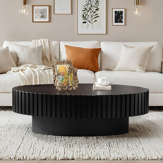 Fluted Coffee Table 43.3" Oval Wood Coffee Tables Modern Handcraft Drum Coffee Table with Solid Wood Relief Sturdy Pedestal Accent Table for Living Room Home Office,Black