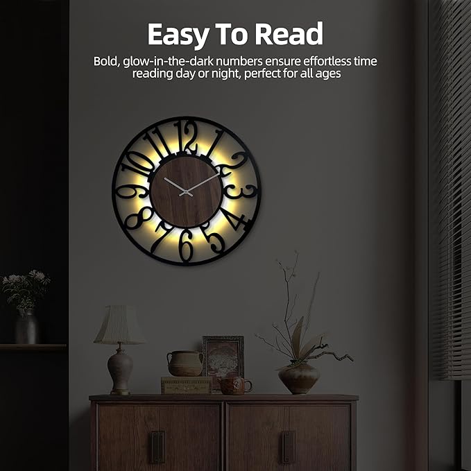 30 Inch Large Metal Wall Clock with Voice and Light Sensor Night Light, Glow in The Dark Non-Ticking Silent Battery Operated Decorative Oversized Wall Clock for Bedroom Living Room Decor
