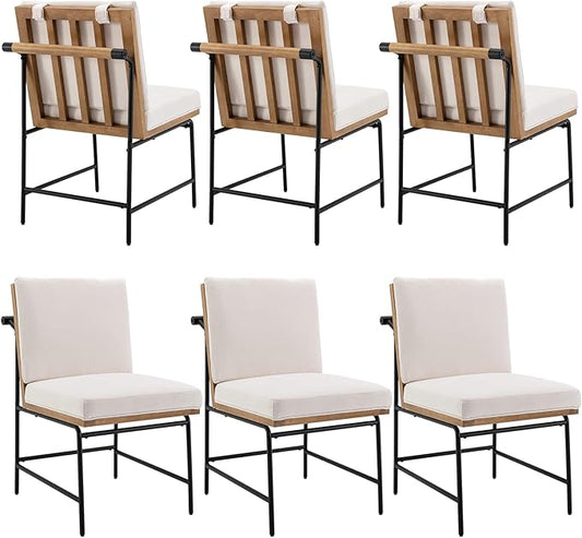 DUOMAY Mid-Century Modern Dining Chairs Set of 6, Linen Upholstered Side Chair with Rear Handle, Armless Chair with Metal Legs for Kitchen Dining Room Living Room Vanity, White