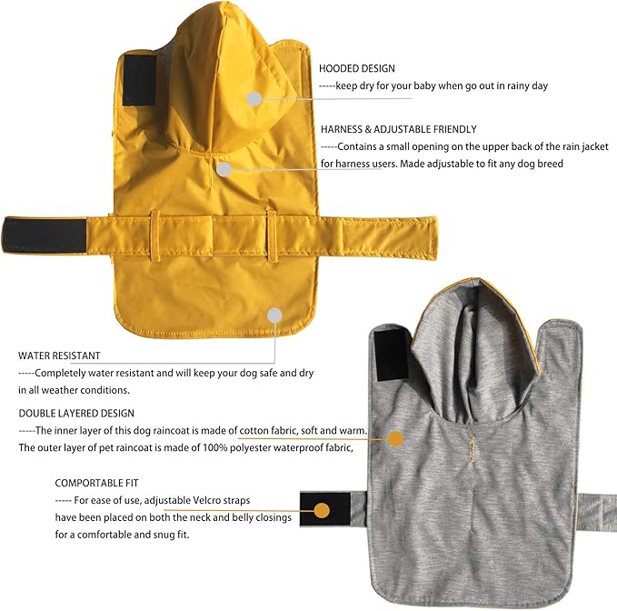 LeerKing Raincoat for Dogs - Hooded with Leash Hole, Waterproof Double Layer Coat Jacket with Lining, 10 Sizes for Small Medium and Large Dogs,Yellow,XXS