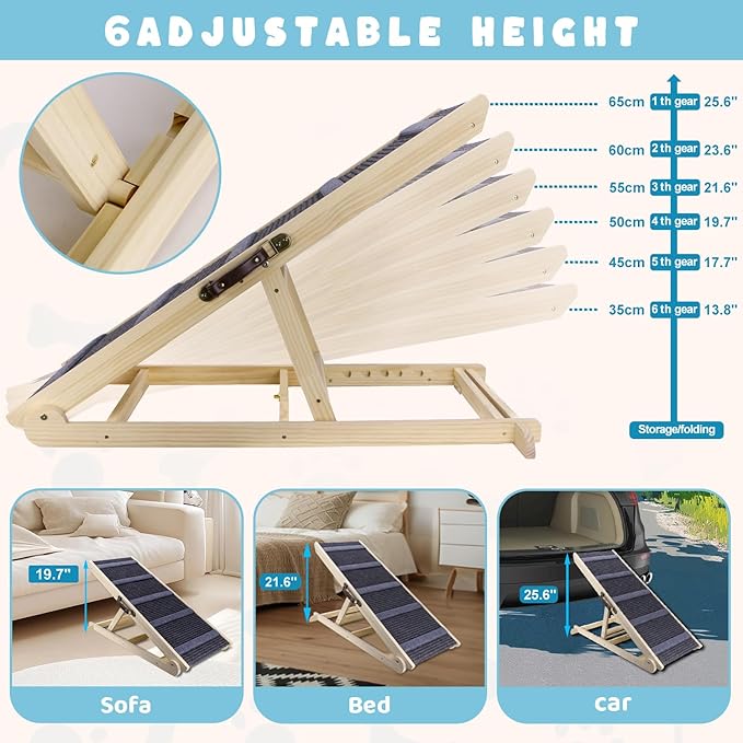 Dog Ramp for Bed, 6 Adjustable Height from 13.8" to 25.6", Folding Wooden Pet Ramp Suitable for Small and Medium-Sized Dogs - Non-Slip High Traction Dog Ramp for High Bed Couch and Car Up to 200lbs
