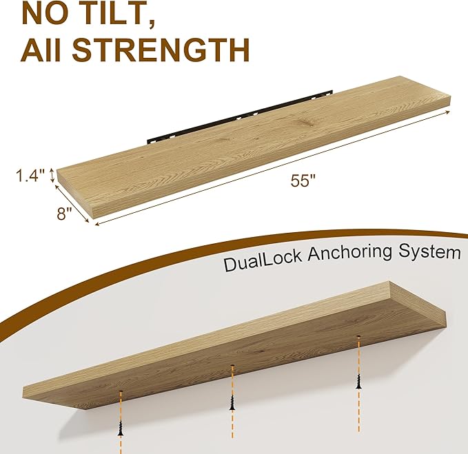 Fun Memories 55 Inch Floating Shelves for Wall 2 Pack Shelves for Bedroom|Kitchen|Bathroom Wall Mounted Rustic Wood Floating Shelf with Invisible Brackets for Books|Storage|Decor, Oak
