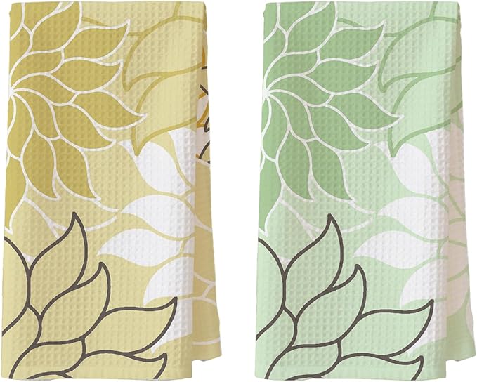 2-Pack Boho Floral Abstract Waffle Towels, Flower Hand Towel for Bathroom Decor, 16x24 Inch Neutral Yellow & Green Flower Dish Tea Towel Decor for Kitchen/Bath/SPA,Gift for Friends.