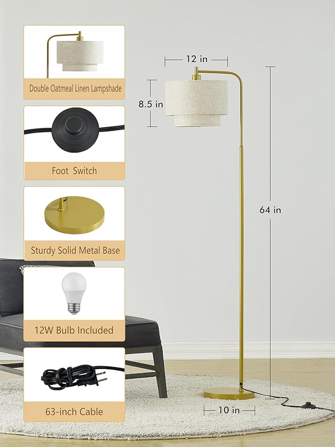 64" Modern Floor Lamp for Living Room Bedroom, Arc Floor Lamp with 3 Color Temperatures, Standing Lamp with Double Oatmeal Linen Lampshade, Tall Lamp with A19 12W LED Bulb, Foot Switch Control, Gold