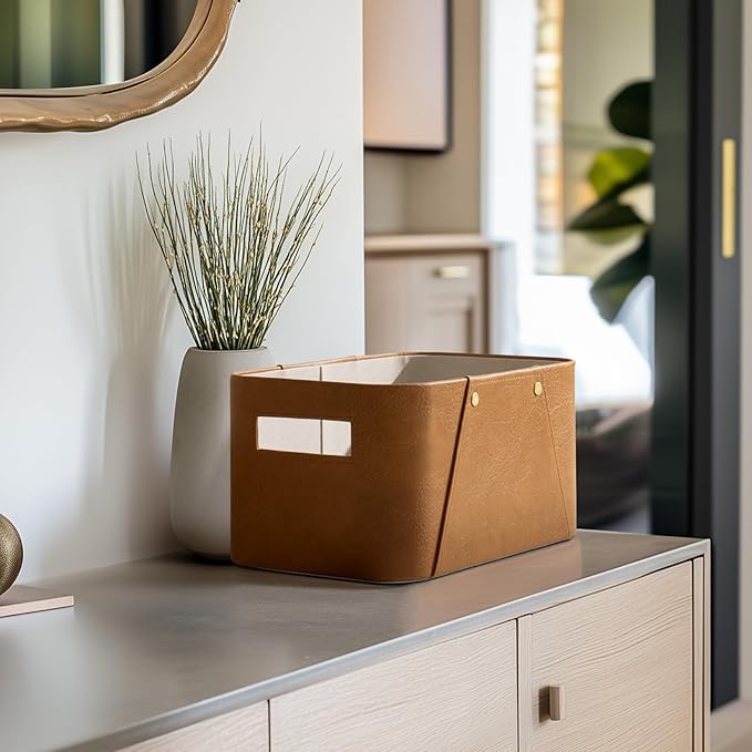 La Jolie Maison Storage Baskets for Organizing, 2 Pack, Storage Cube Boxes Luxury Brown Vegan Leather for Closet Shelf Cabinet Bookcase Camel