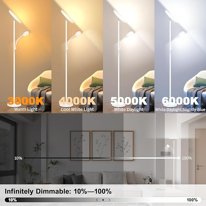 Floor Lamp,Upgraded 42W/4200LM Super Bright Floor Lamp,2-in-1 LED Dimmable Standing Lamp with Reading Light,Tall Standing Lamp with Stepless Dimmable,Modern Floor Lamps for Living Room,Bedroom,Office