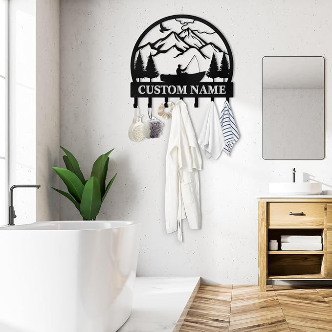 Personalised Fishing Key Holder for Wall, Key Holder Wall Mount, Lake Fishing Decor, Decorative Key Rack Coat Hooks for Bathroom Entryway Kitchen Doorway, Gifts for Fishermen
