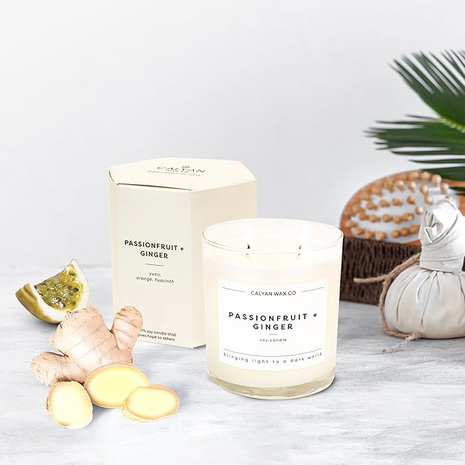 Calyan Wax Co. Passionfruit & Ginger 3 Wick Scented Candle - 43 Hour Burn - Luxury 3 Wick Soy Candles - Non Toxic Soy Wax Candles - Long Lasting Large Glass Jar Candle for Home - 14.9oz