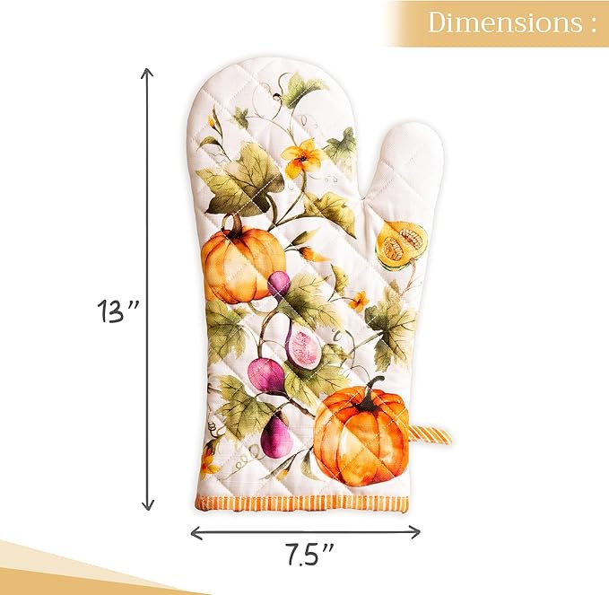 Maison d' Hermine Oven Gloves 100% Cotton Oven Mitt 7" x 13" with Loop Heat Resistant Cooking Gloves for Thanksgiving Christmas Decorations Handling Hot Pans (Pack of 1, Pumpkin Garden - Cloudy Cream)