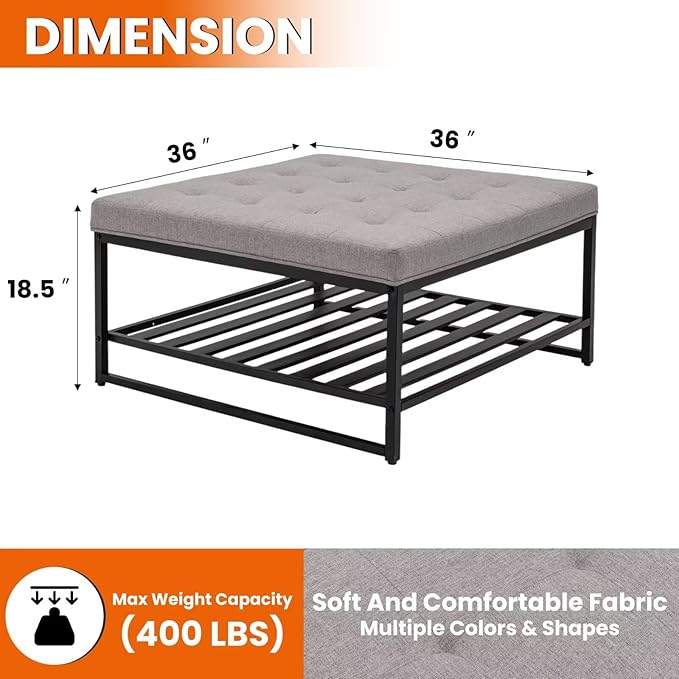 Ottoman Coffee Table with Upholstered Tufted Linen Fabric, Square Center Table with Storage Large Footrest Ottoman for Living Room Gray