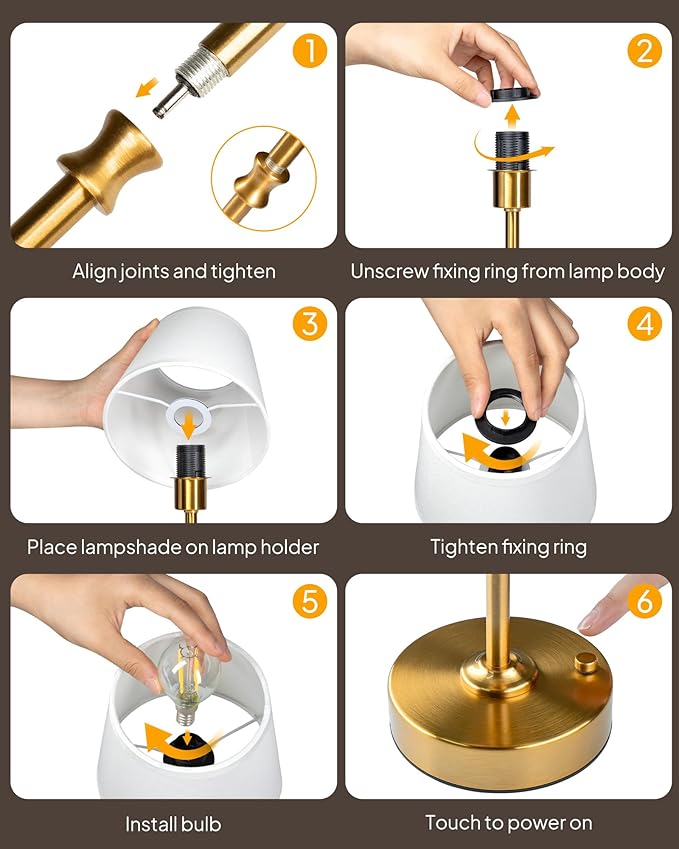 EppieBasic Cordless Table Lamp Rechargeable: Fast Charging & Long Lasting - 2700K Warm Light Vintage Gold Lamps for Women Housewife - Dinning Living Room Bedroom - 2 Pack