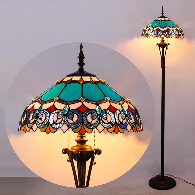 Tiffany Floor Lamp Blue Stained Glass Jewelry Baroque Standing Reading Light 16X16X70 Inches Antique Pole Corner Lamp Decor Bedroom Office Living Room