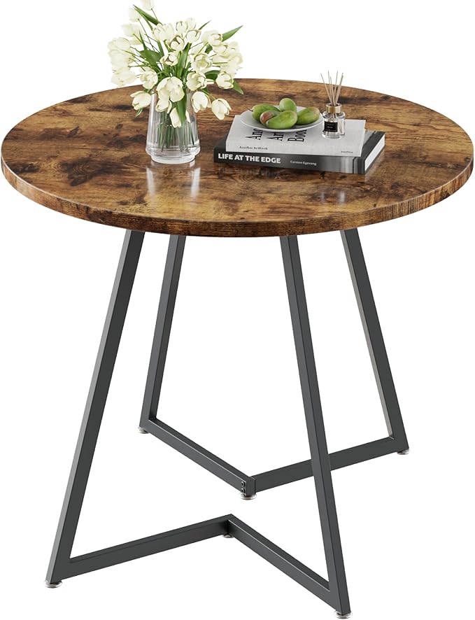 VECELO Round Dining Room Table with Wood Grain Tabletop and Steel Frame, for Kitchen, Living Room, Office, Conference, 2 to 4 Person, Antique Brown