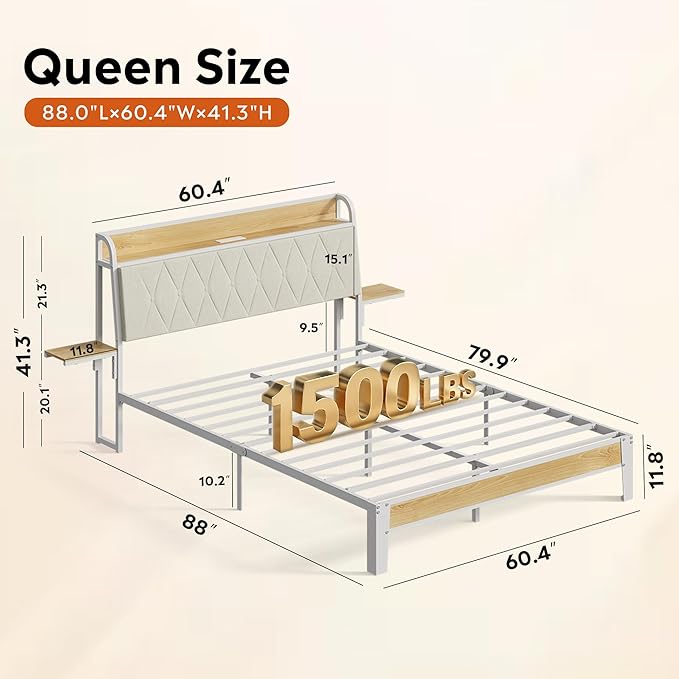 WLIVE Queen Size Upholstered Bed Frame with 2 Side Shelves, Linen Tufted Storage Headboard with Charging Ports and LED Light, Metal Solid and Stable, No Box Spring Needed, Easy Assembly, Beige