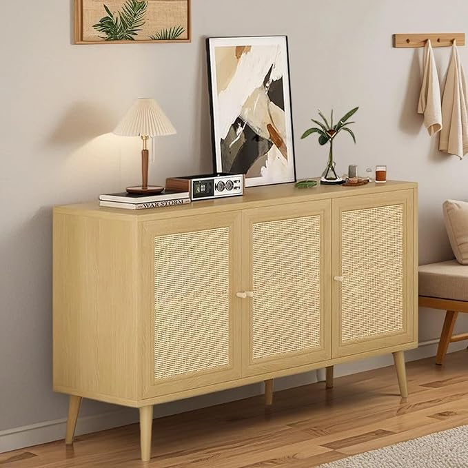 47" Rattan-Door Sideboard Cabinet with Shelf, 3-Door TV Stand Credenza Buffet with Generous Storage, Modern Accent Cabinet for Living Room & Kitchen, Natural Oak
