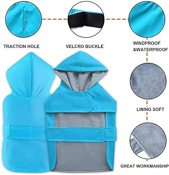Dog Raincoat Small Dog Rain Jacket Poncho Waterproof Pet Rain Suit Double Layer Breathable Lining Hooded Leash Hole Adjustable Puppy Small Medium Dogs,Blue,S