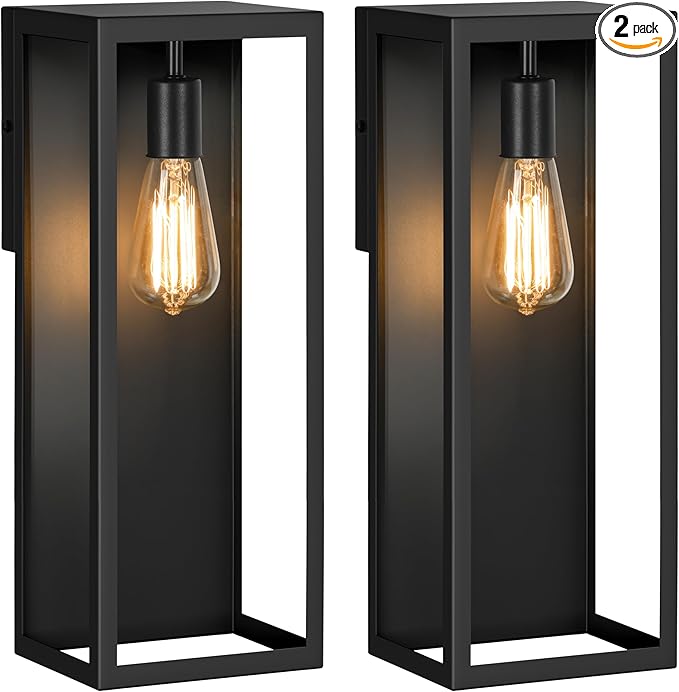 VerRon 2-Pack Outdoor Wall Lanterns, 16” Exterior Waterproof Outdoor Lights with Glass Shades, Black Porch Lights Wall Mounted, Anti-Rust E26 Modern Lighting for Patio Garage Entryway Front Door