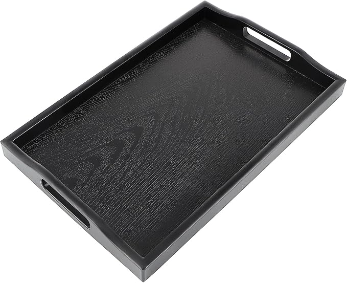 Plastic Serving Tray with Handles, 16.5" x 10.6" Rectangular Ottoman Tray for Meals, Decor or Party, Buffet, Coffee Table, Kitchen, Restaurant (Black)