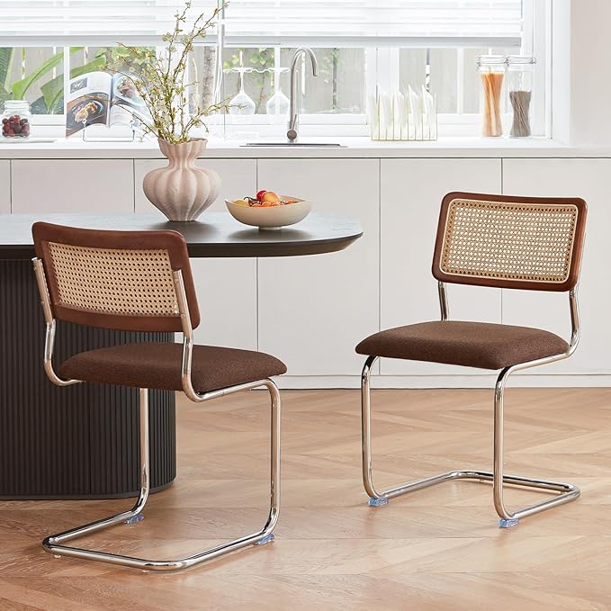 Brown Rattan Dining Chairs Set of 2, Wooden Mid-Century Modern Kitchen Chairs, Mesh Back Cane Dining Room Chairs, Cesca Chair with Metal Chrome Legs