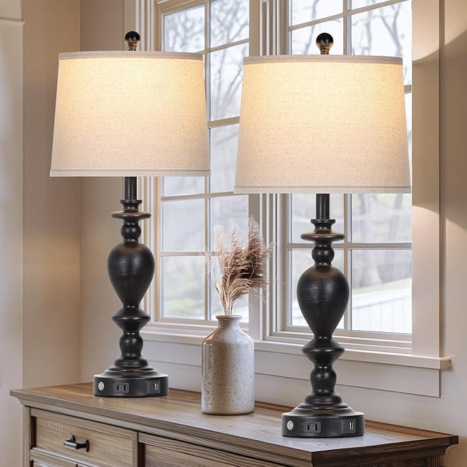 28" Black Farmhouse Table Lamps Set of 2 with USB C+A Ports & AC Outlet for Vintage Living Room Rustic Bedroom,3-Way Dimmable Touch Lamp Retro Resin Bedside Lamps for Nightstand Side Table