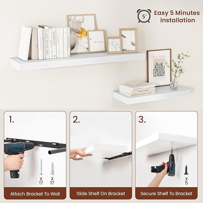 Vivelove 12 Deep Floating Shelves for Wall, 24/36/48/55 Inch Shelves for Room Wall Mounted, 2" Thick Floating Shelf for Living Room Bedroom Bathroom Kitchen Laundry Room, Set of 2 White